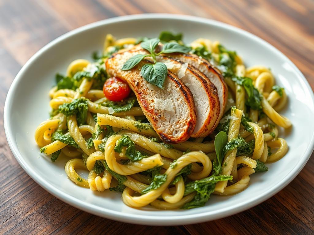 Pâtes au poulet grillé et pesto de roquette maison (22 min)