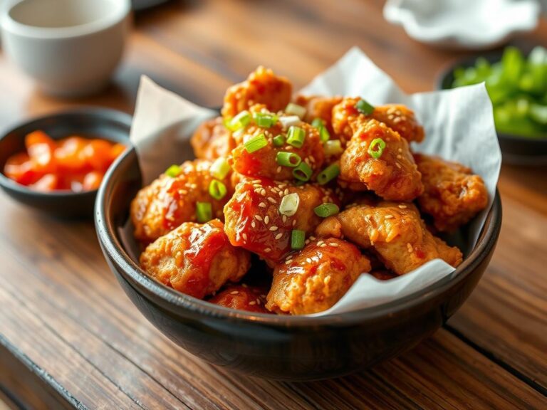 Poulet coréen croustillant dakgangjeong — sauce gochujang-miel