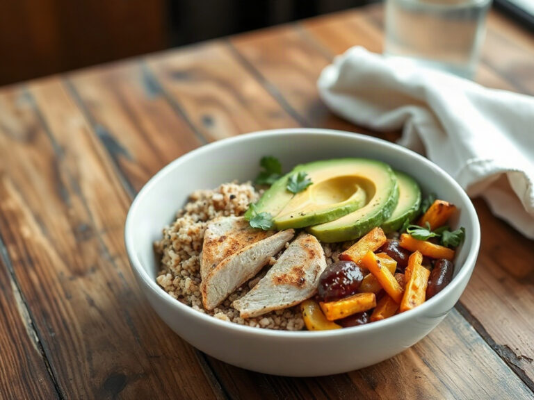 Bowl de poulet healthy au quinoa, avocat et legumes rotis